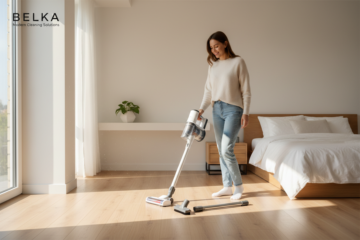 Ultra-realistic lifestyle banner for a modern cleaning equipment online store called ‘Belka’.
Bright, natural and realistic scene inside a clean, modern bedroom.
On the center-right of the banner: a young happy woman smiling naturally while using a modern vacuum cleaner to clean the bedroom floor.
She looks relaxed, confident and satisfied, wearing casual home clothes.
Next to her on the floor: a few vacuum cleaner accessories neatly placed (brush head, extension tube).
Natural daylight coming through a win